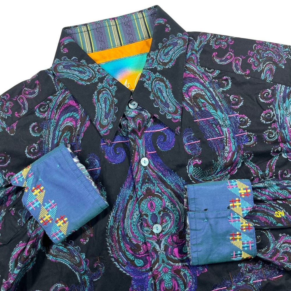 Robert Graham Paisley Shirt Mens Small Black Teal Purple Embroidered Flip Cuffs